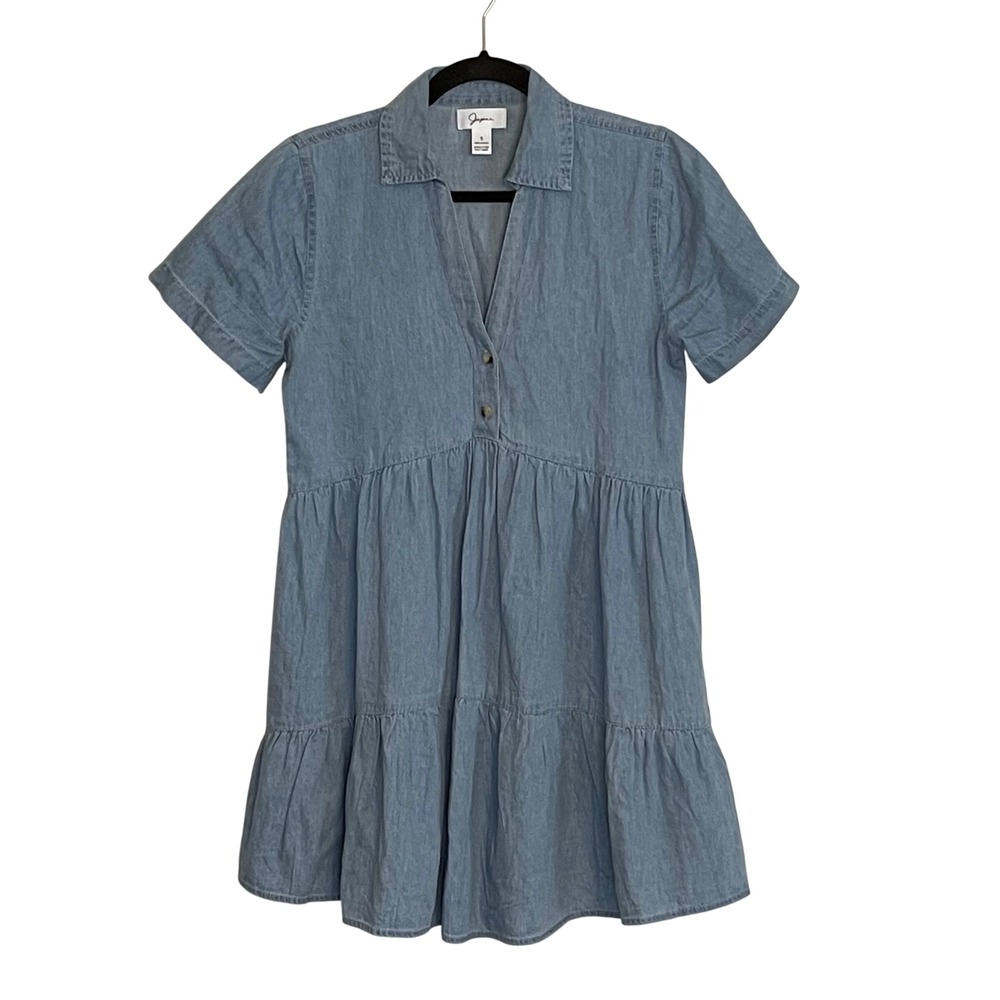 Japna Womens Blue Cotton Chambray Tiered Babydoll Mini Dress S Short Sleeve